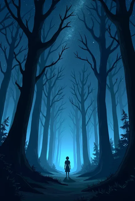 Generate in image 3d cartoon style 
:: silent and eerie forest under a starry sky, with tall trees casting long shadows and no signs of life.