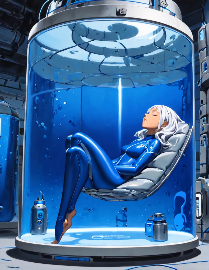 tanned woman with silver hair. she is wearing a skin-tight blue wetsuit. she is sleeping on her back encased inside a cannister....