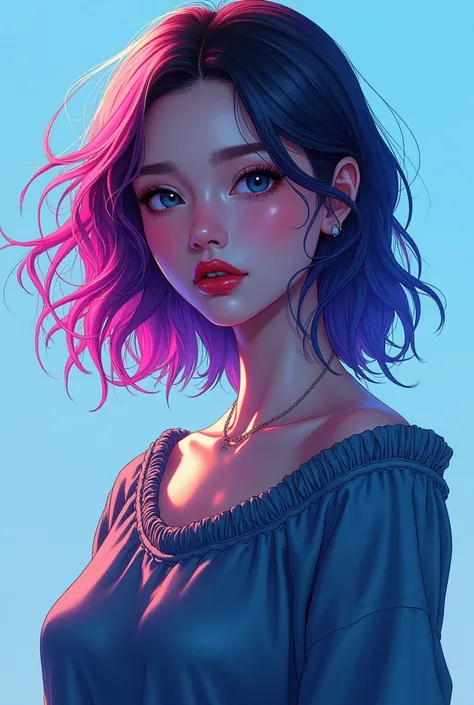 illustrator, anime , realistic ,sketch , 1 girl, ,lip, sweater,order, Blue gradient background, neon hair,Textured trim, Canadian, (masterpiece,Best quality) ganyou