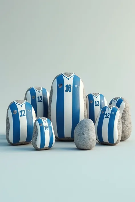 I need a picture of 10 stones wearing a soccer jersey with vertical stripes in blue and white