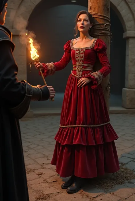 Create a high-resolution, hyper-realistic render of "Valeria" in her Scarlet Society attire. She wears an opulent, floor-length crimson dress made from velvet, with intricate gold embroidery along the high collar and cuffs, a tight-fitting bodice with lace...