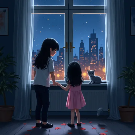  Ilustración realista the una niña the tres años con su hermano gemelo the tres años reflejando miedo con rasgos europeos, ,    the girl has long black hair with straight bangs   ,  pale white skin , Rasgos faciales thetallados..., hermosos ojos grises the...