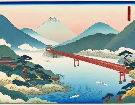 ukiyo-e, togetsukyo bridge, fog, misty, colorful background, mysterious vibes