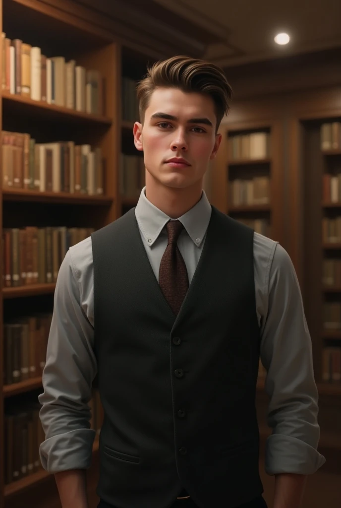 A young 25 year old boy with best haircut and shaving standing in library see front  