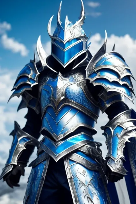 Close up of man wearing white and blue costume, dragon knight, shadowverse style, stunning armor,, detailed key anime art, shining armor, metallic white armor, white armor, paladin, shining armor, shiny plastic armor, dragon armor