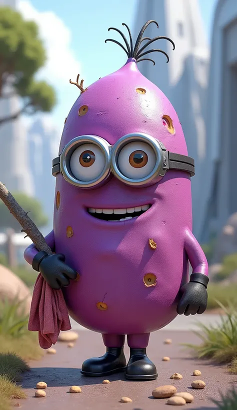 photography, ultra realistic, a purple sweet potato with imperfections and small roots in the Minion style skin, 8k, future, carrying a small bundle of clothes attached to a thin tree branch on the shoulder