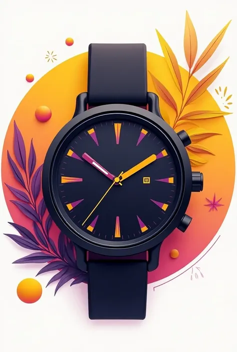 A ,  pamphlet icon where the art is round , must contain a watch where the colors are black,yellow and purple. 