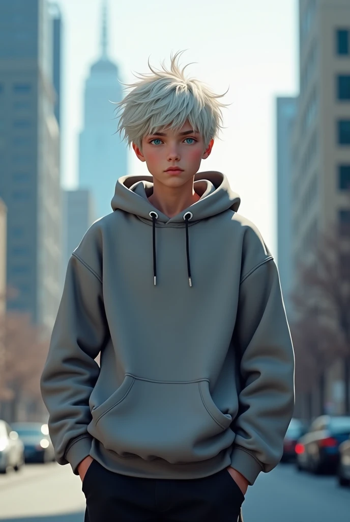 1boy, short white hair, sky blue eyes, grey hoodie, black pants, city, high res, 8K, utrasharp, masterpiece, looking at viewer