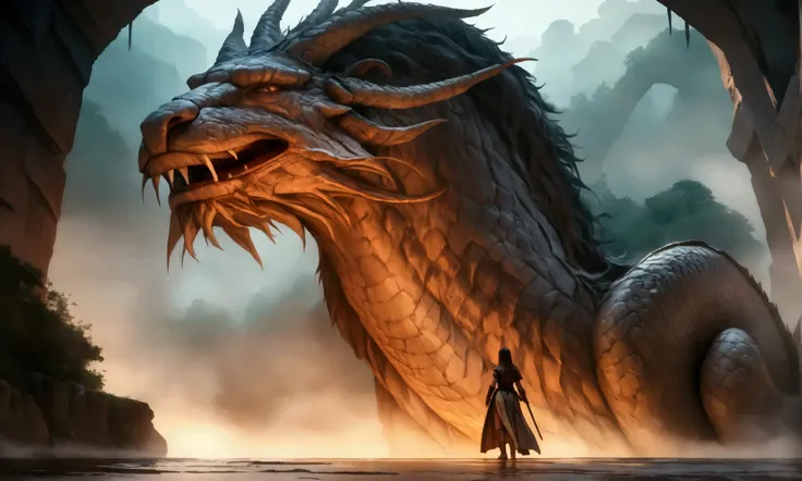 a cute woman in a sexy adventurer outfit, awestruck expression, an enormous Chinese dragon examining her with one eye, an ancient bridge in the fog, cinematic lighting, mist, atmospheric, fantasy, detailed digital art, masterpiece, 8k, photorealistic, ultr...