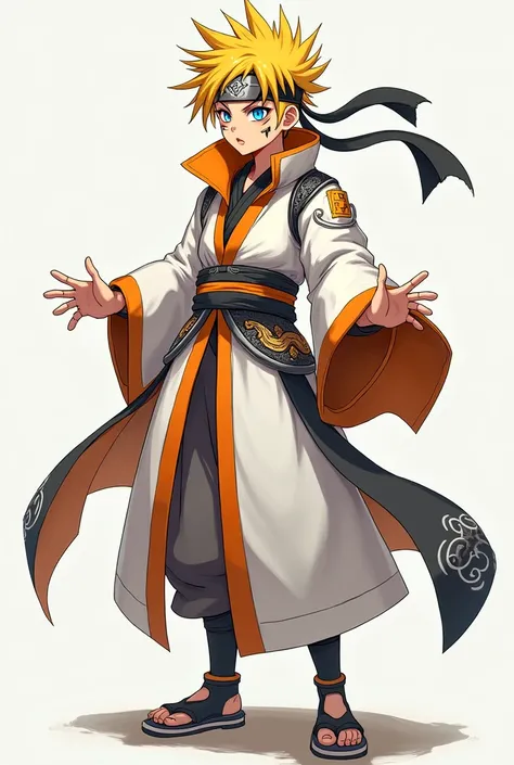 The blended character features a long white robe with intricate dark patterns on the sash and inner lining, paired with vibrant orange accents that bring a dynamic, modern touch. The outfit combines a traditional design with contemporary ninja-like element...