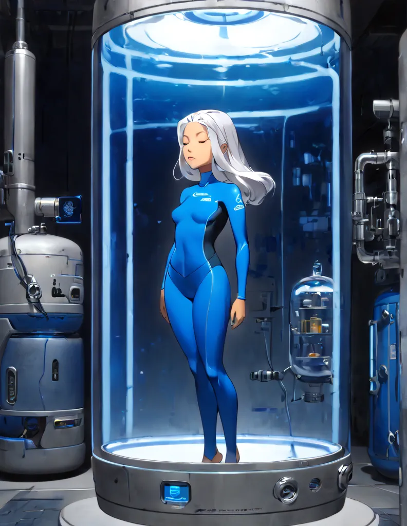 tanned woman with silver hair. she is wearing a skin-tight blue wetsuit. she is sleeping floating upright encased inside a canni...