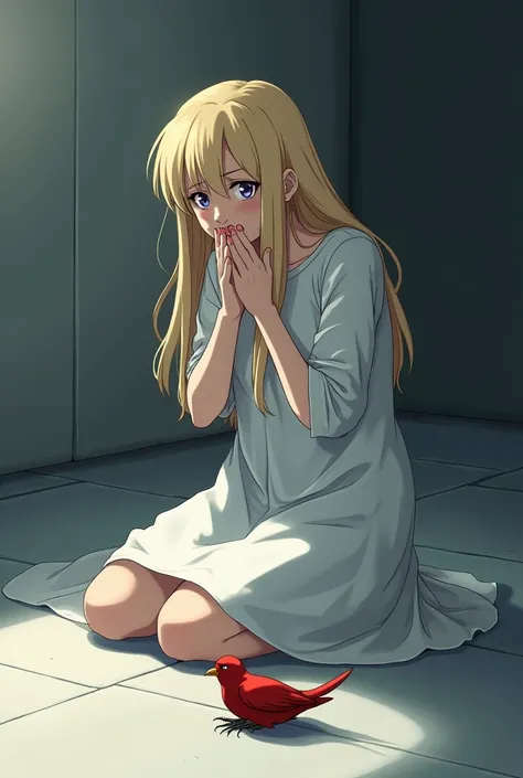 Woman with long blond hair and violet eyes is kneeling on the floor ,  covered by a sheet, As she looks traumatized and crying at a little red bird which is dead on the ground in front of her, without eyes, anime art