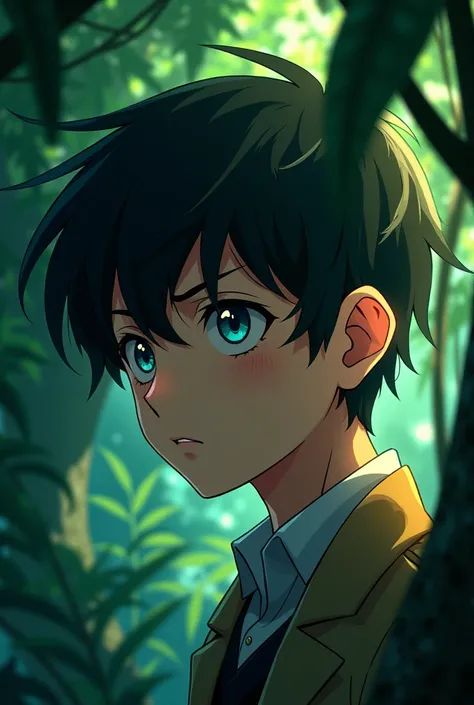 In anime, Close up image of a boy detective while in a forest showing emotion of being sad