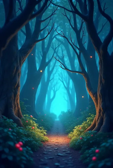 Generate in image 3d cartoon style 
::faint glowing light in the far distance, visible through the dense trees of a dark forest, creating a mysterious atmosphere