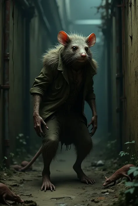 A humanoid rat in the sewers 
He wears torn clothes, has hair on his body and parts of his body seem to be necrotizing.
And your face is horrifying 