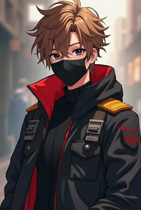  Create a character for my channel ,  I want him to have brown hair , black eyes, I want him to be friendly ,  and look like an anime ,  in his clothes I want army details and I want him to wear a stylish mask, I want it to have some details in red and yel...