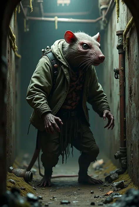 A humanoid rat in the sewers 
He wears torn clothes, has hair on his body and parts of his body seem to be necrotizing.
And your face is horrifying 