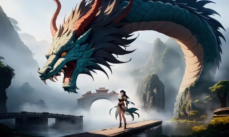 a cute woman in a sexy adventurer outfit, awestruck expression, an enormous Chinese dragon examining her with one eye, an ancient bridge in the fog, cinematic lighting, mist, atmospheric, fantasy, detailed digital art, masterpiece, 8k, photorealistic, ultr...