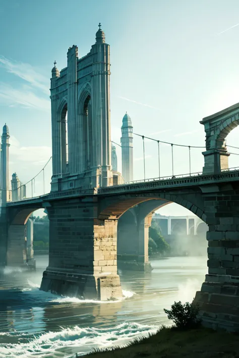 big gentle river at the end of the field　an old bridge shrouded in fog world heritage　bridge made of stone　tourist spot