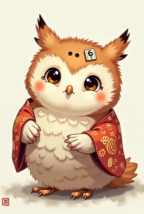 An owl in a cute kimono、There are accessories called 「6」 on the forehead and both ears