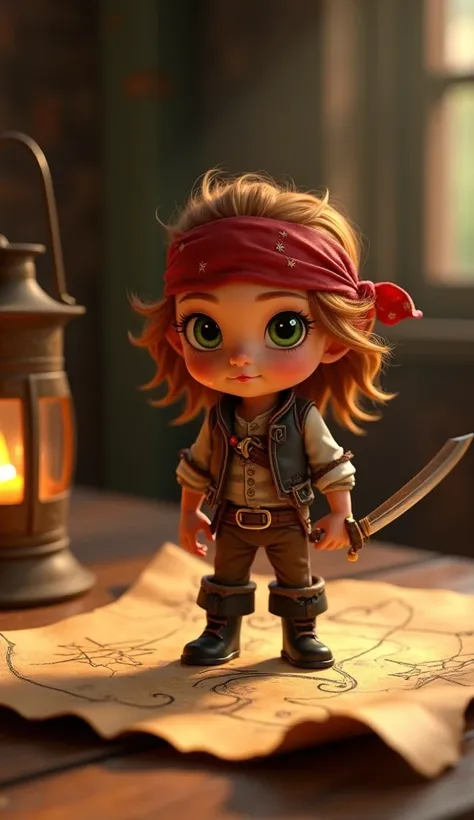 A tiny pirate named Captain Finley, no taller than a finger, stands confidently on an old, tattered treasure map spread across a wooden table. She has a rugged yet charming face with sharp green eyes, a small button nose, and sun-kissed skin. Her wavy ches...