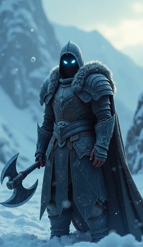 Design a cinematic, highly detailed 3D fantasy warrior in a snowy, atmospheric environment. The warrior is clad in heavy, frost-covered medieval armor with intricate engravings, illuminated faintly by a cold, bluish glow. The armor appears weathered, with ...