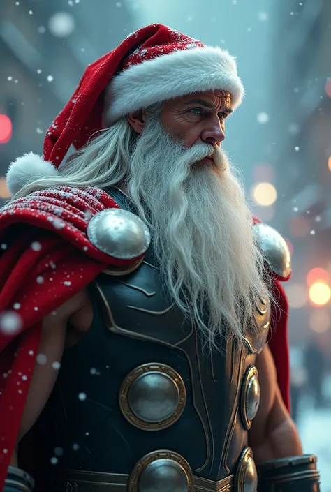 Create a fusion between Thor and Santa Claus a Create a mix between Thor and Santa Claus with white beard and red cap in an intense vibration.  The being should be wearing his armor , with the background reflecting a Christmas scene ,  maybe a stormy winte...