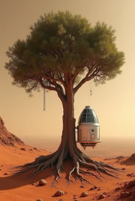 A space station on Mars is crossed by a tree and its roots catch the astronauts spaceship that was on its left 