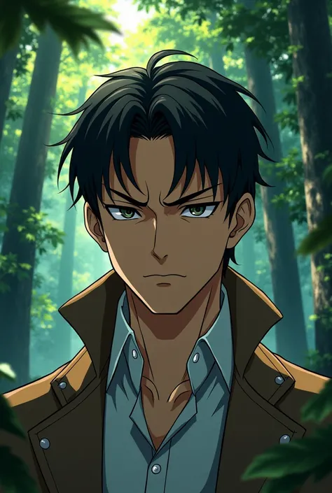 In anime, Close up image of a man detective while in a forest showing emotion of being confused