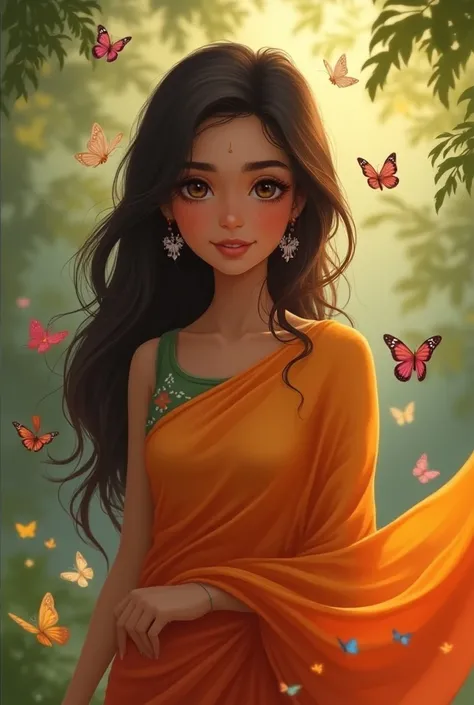 Create a cute Indian woman with side bangs brown open hair with lots of butterflies and wearing saree