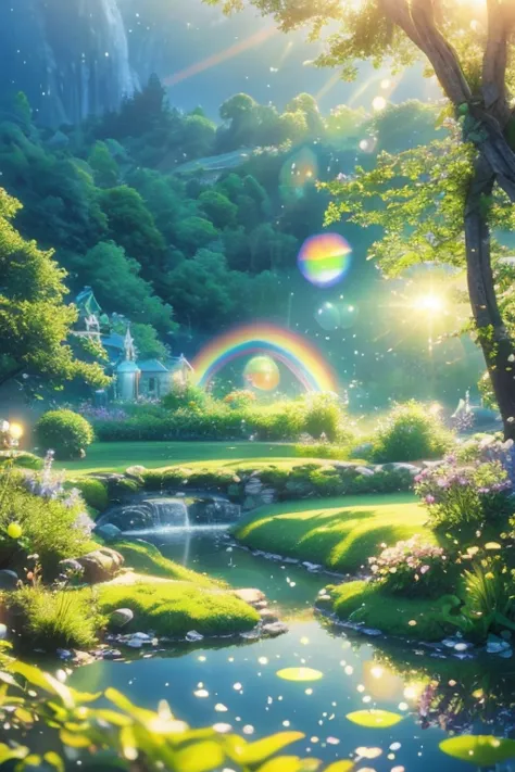  fantasy landscape in green nature、 fairy tale、Light shines in、 bright 、Fairies are there 。Reflection of light、Warmly、 soap bubble 、rainbow 