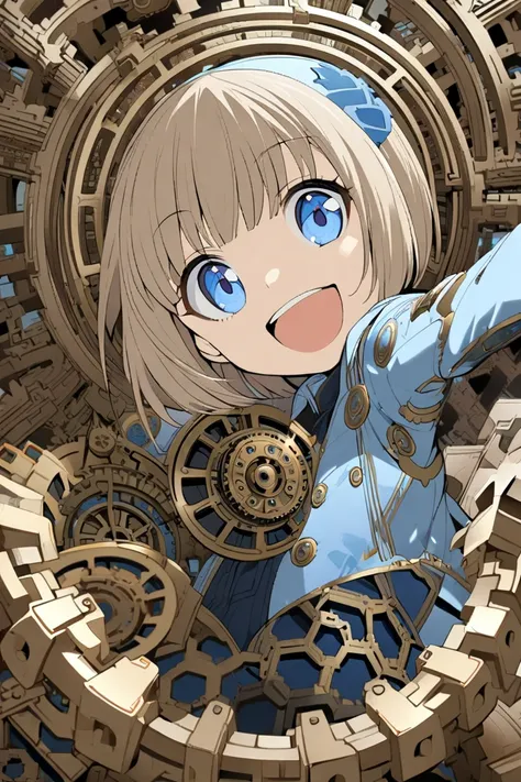 1 girl, 18yo, flat chest, blue eyes, light brown hair, bob cut, smile, open mouth, she believes the citys buildings are made entirely of giant gears, she is walking on the gears.