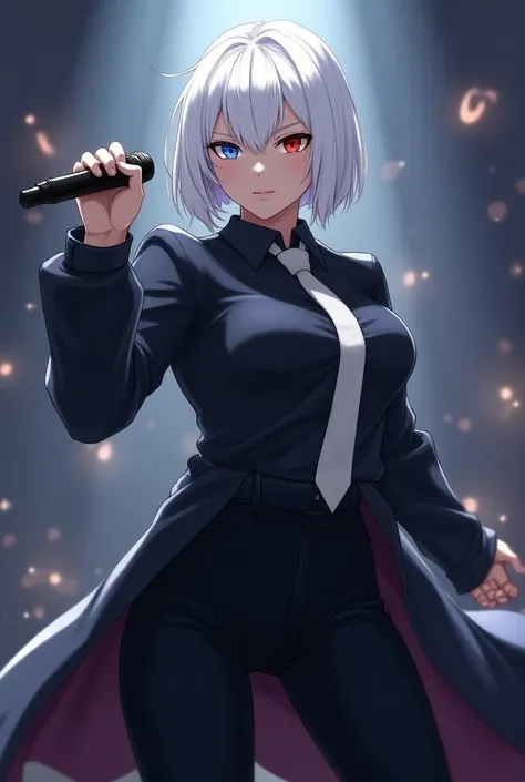 woman。Muscle White。White Hair。Bob。ホワイトBob。 odd-eye。Right eye is red。Left eye is blue。Black long shirt。 white tie。whole body。stage。 anime style。 is singing a song with a microphone。 facing the front。