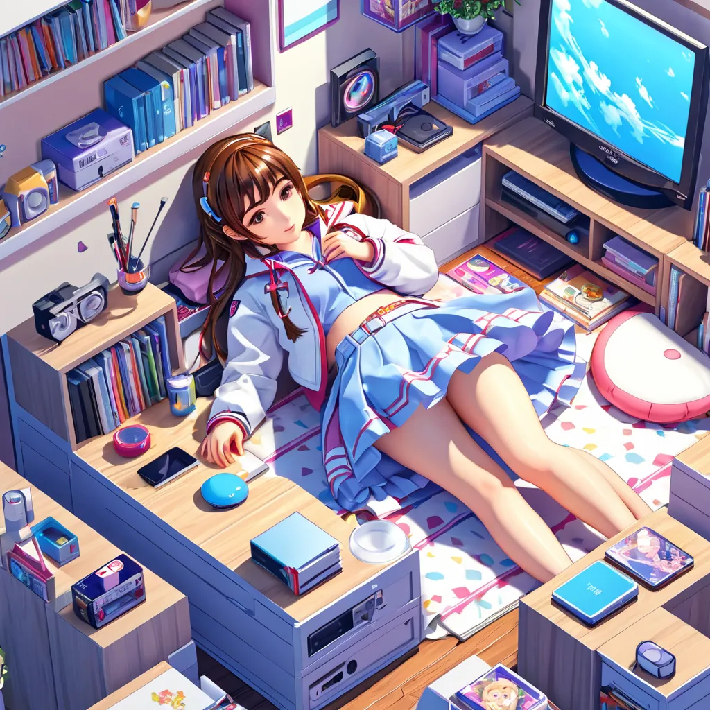 1 girl, isometric view, anime, laying