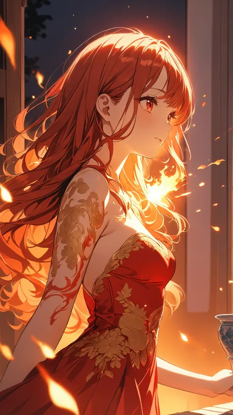 1 girl, ( cute face),  long hair, to many hairstyle,  medium breasts,  fiery red dress, Golden embroidery, Burning Cape,  Pottery Skin , break, warm sunset , (Burning light:1.3),  vibrant colors, Passionate atmosphere, break, Shining Sparks,  shadow contra...