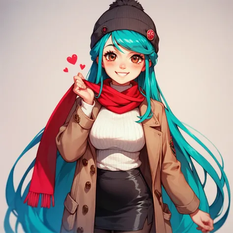 1girl, , solo, very long turquoise hair, brown eyes, black beanie, brown coat, white ribbed turtleneck sweater, red scarf, black pleates skirt, black pantyhose, blushed, smile, cute, standing, looking at viewer, simple background, from the front view