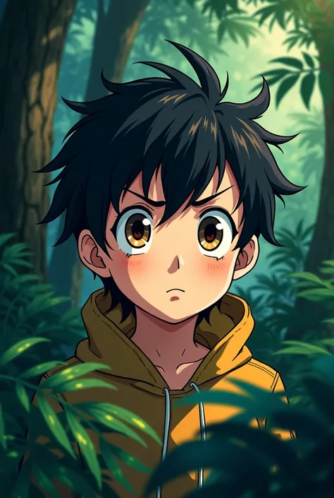 In anime, Close up image of a boy detective while in a forest showing emotion of being confused