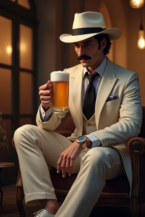  Generate an evening image of a dark-haired man with a black mustache, no beard, Wearing a white linen suit , with black tie,  holding a clear glass mug with beer and wearing a Panama hat with a black ribbon and white shoe with a black tip.