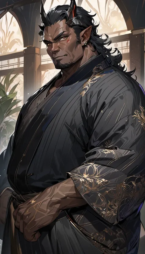 Best quality, masterpiece, 1male, oni, handsome mature ogre, 40 years old, short black hair, fantasy, orc tusks)l, dark black skin, black man, ebony skin, pointed ears, copper eyes, obsidian horns, dapper, yukata, friendly, intelligent expression, wire-rim...