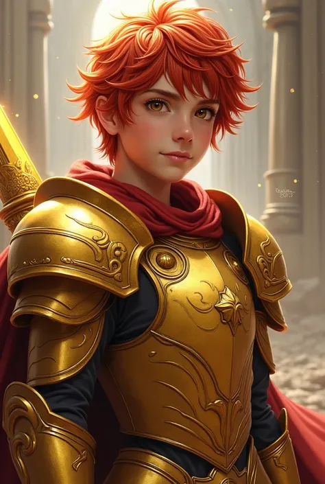 A young cute hero, large hair, Red hair, a gold armor with gold sword.