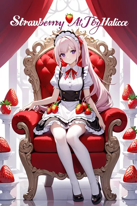 Anime girl, white long haired, two pony tail
three ribbons on the left three ribbons on the right of her pony tail, purple eyed color, 
wearing princess maid attire, (strawberry design), color white, with red and pink, sitting 
on the red throne, in a whit...