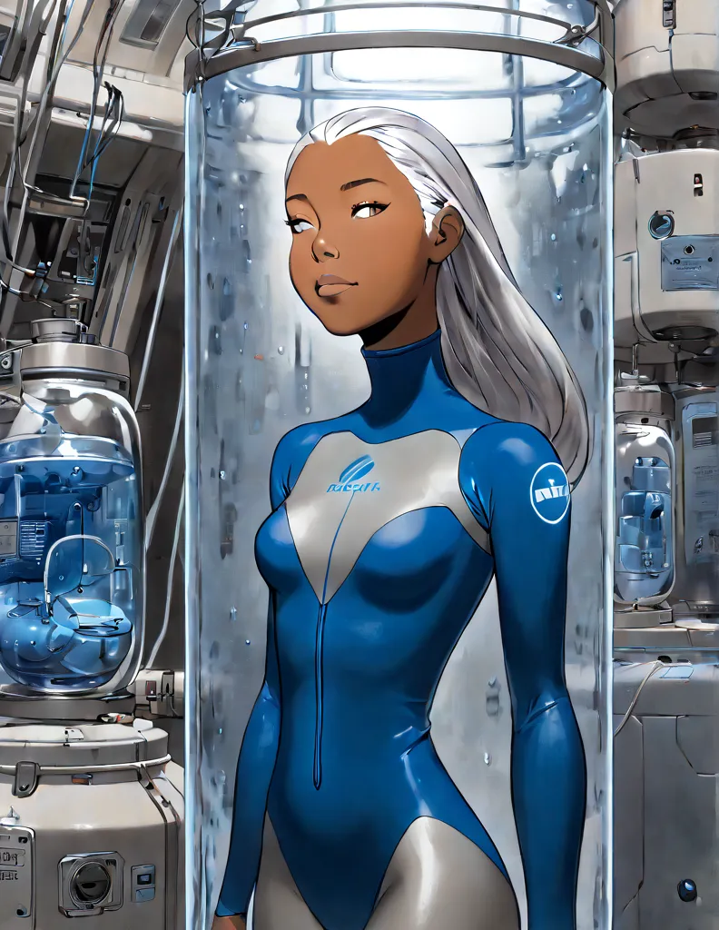 Tanned Woman with silver hair. She is wearing a skin-tight blue wetsuit. She is sleeping floating upright encased inside a cannister. The cannister has a glass window. The cannister is in a sci-fi lab.