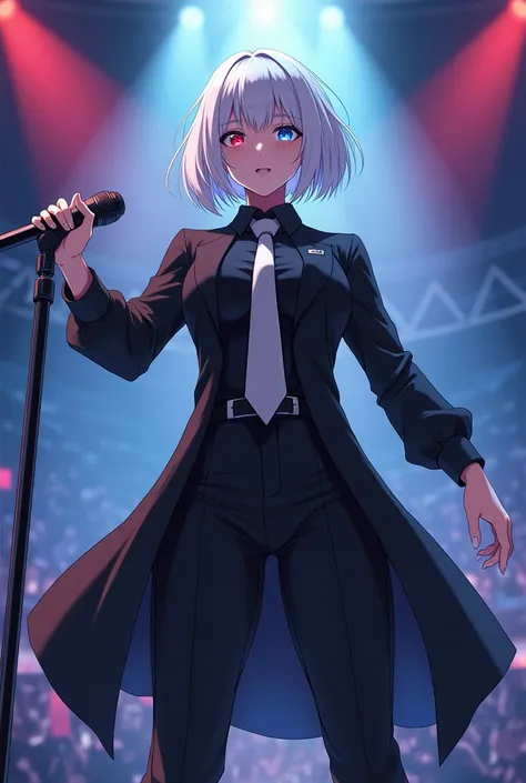 woman。Muscle White。White Hair。Bob。ホワイトBob。 odd-eye。Right eye is red。Left eye is blue。Black long shirt。 white tie。whole body。stage。 anime style。 is singing a song with a microphone。 facing the front。