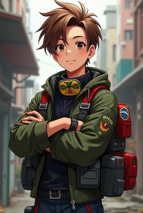  Create a character for my channel ,  I want him to have brown hair , black eyes, I want him to be friendly ,  and look like an anime ,  in his clothes I want army details and I want him to wear a stylish mask, I want it to have some details in red and yel...