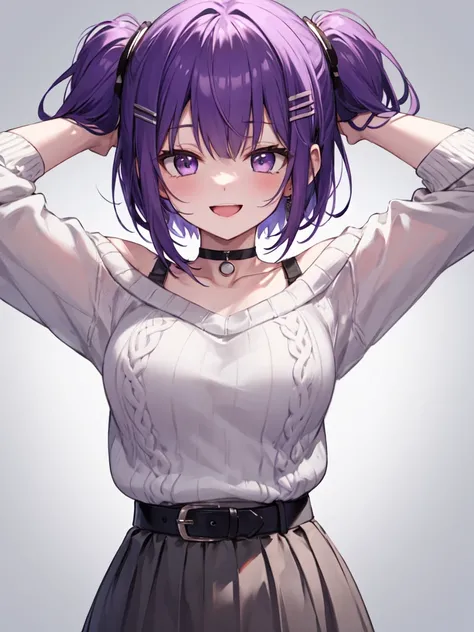  1 girl, solo, Purple Hair, Bob Hair, Beautiful breasts, medium breasts,white off-the-shoulder sweater, grey skirt ,Black belt, black choker, hair clips,Slanted Eyes, Light purple eyes, is laughing,happiness/joy,  seductive smiles from all around,  standin...