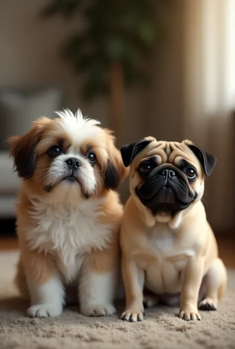 A hyper-realistic, cinematic 8k image of two small dogs sitting side by side, facing the camera. On the left, a Shih Tzu with its long, flowing, and silky coat in white and tan colors, and on the right, a Pug with its wrinkled face, compact body, and fawn ...