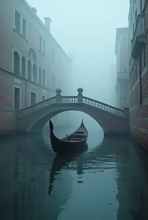 masterpiece,  best quality,Super detailed, hyperdetail, Cinematic Light,, venice, a small ston bridge, deep and thick fog, foggy day, A Gondola 