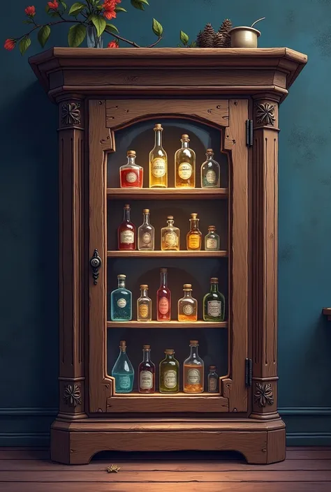 give me a magical looking an empty showcase/cupboard to keep the magic potions in a whimsical style, making the design inviting and fun. The whole should be in a single line Only the name no character or background