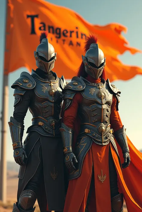 Couple warrior with mask
standing with orange flag written tangerine titan 