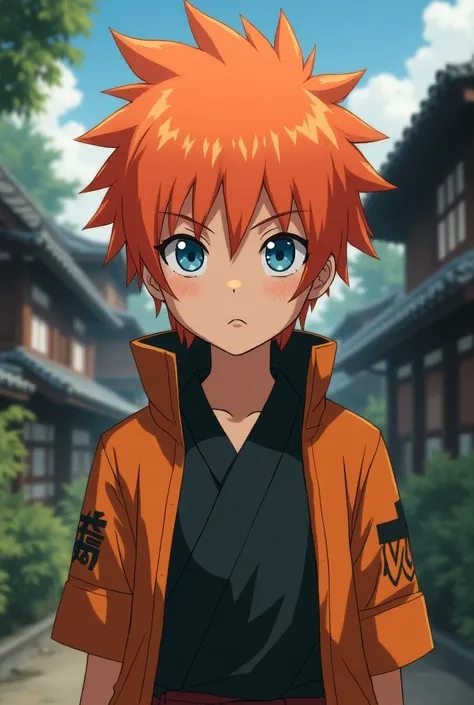 Draw a picture of a  with tan skin, blue eyes and orange hair .  the drawing has to be in the style of the anime Naruto .